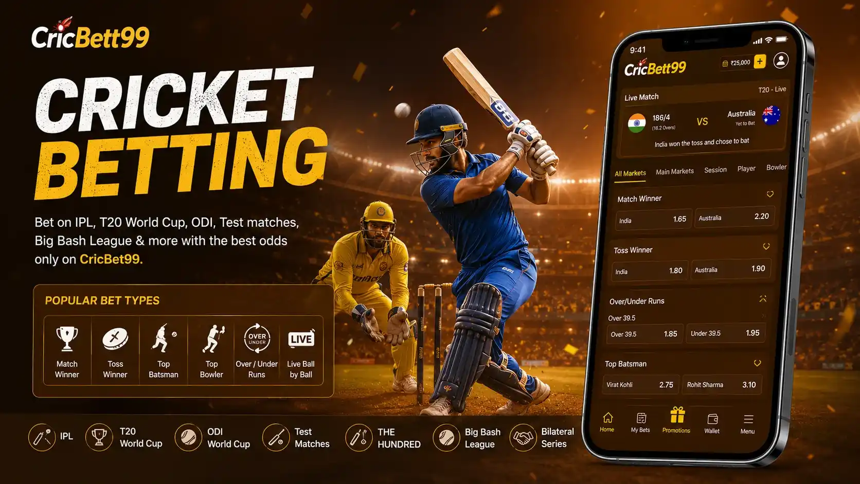 Cricket betting means placing a real-money wager on a predicted outcome in a cricket match.
